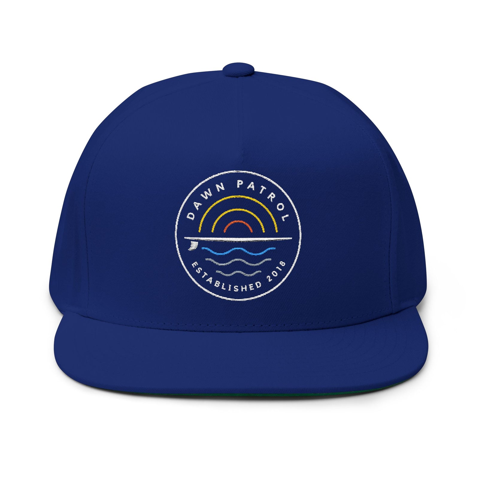 Dawn Patrol Embroidered Flat Bill Cap — Sunrise Surf Patch Snapback