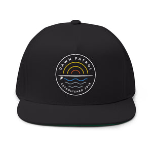 Dawn Patrol Embroidered Flat Bill Cap — Sunrise Surf Patch Snapback
